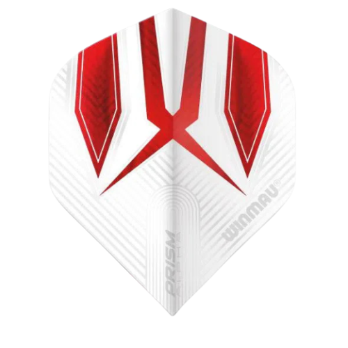 Close-up of Prism Alpha No.2 white and red dart flight with textured pattern, full view isolated on white background