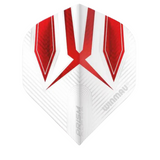 Close-up of Prism Alpha No.2 white and red dart flight with textured pattern, full view isolated on white background