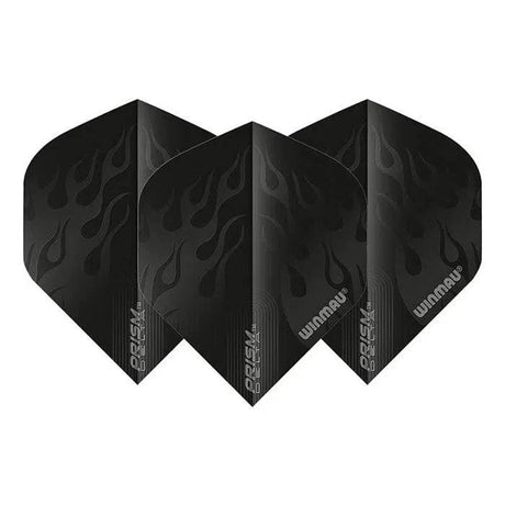 Set of three black No.2 dart flights with glossy flame pattern, Prism Delta text, isolated on white for dart accessories buyers