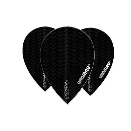 Three black pear-shaped dart flights with textured pattern arranged fanned out on white background, highlighting 100 micron dart accessory design