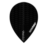Black pear dart flight with textured chevron pattern and Prism Delta labeling, isolated on white background for darts equipment