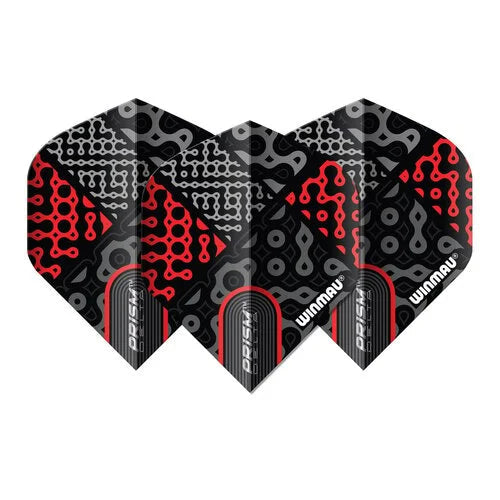Set of three Prism Delta Cypher No.2 dart flights arranged side by side, showing red and black patterned design on white background