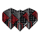 Set of three Prism Delta Cypher No.2 dart flights arranged side by side, showing red and black patterned design on white background