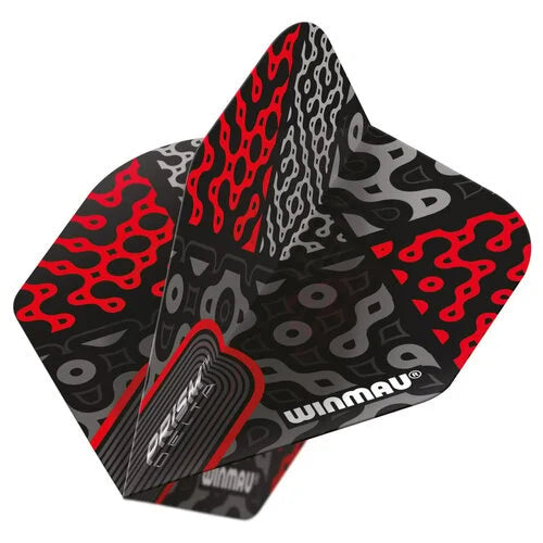 Angled close-up of single Prism Delta Cypher No.2 dart flight with bold red, black, and grey geometric pattern isolated on white background