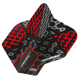 Angled close-up of single Prism Delta Cypher No.2 dart flight with bold red, black, and grey geometric pattern isolated on white background