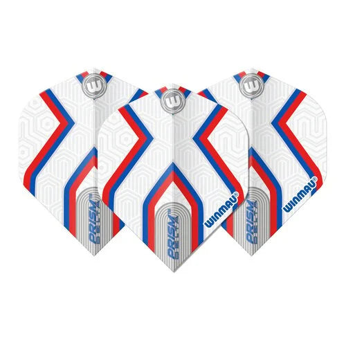 Three Winmau Prism Delta Epix No.2 dart flights arranged side by side, showcasing white 100 micron material with blue, red, and silver geometric pattern.