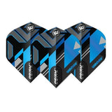 Three Prism Delta Galactics No.2 dart flights arranged side by side, blue and black geometric design, isolated on white background