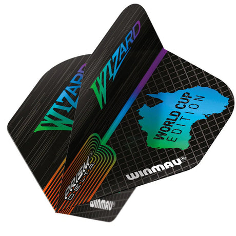 Angled close-up of three Prism Delta Simon Whitlock No.2 dart flights with World Cup Edition and rainbow detailing