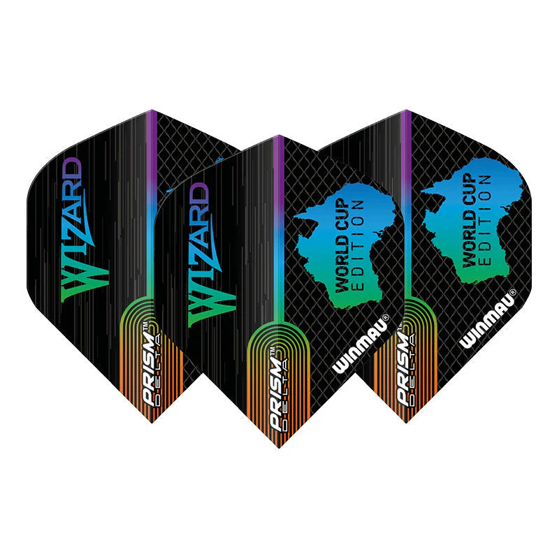 Three Prism Delta Simon Whitlock No.2 dart flights on white background, World Cup Edition design, highlighting vibrant graphics and text.