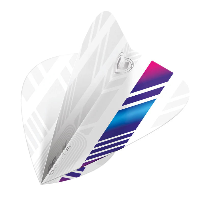 Close-up angled shot of single kite-shaped dart flight with white, blue, and purple geometric design on white background
