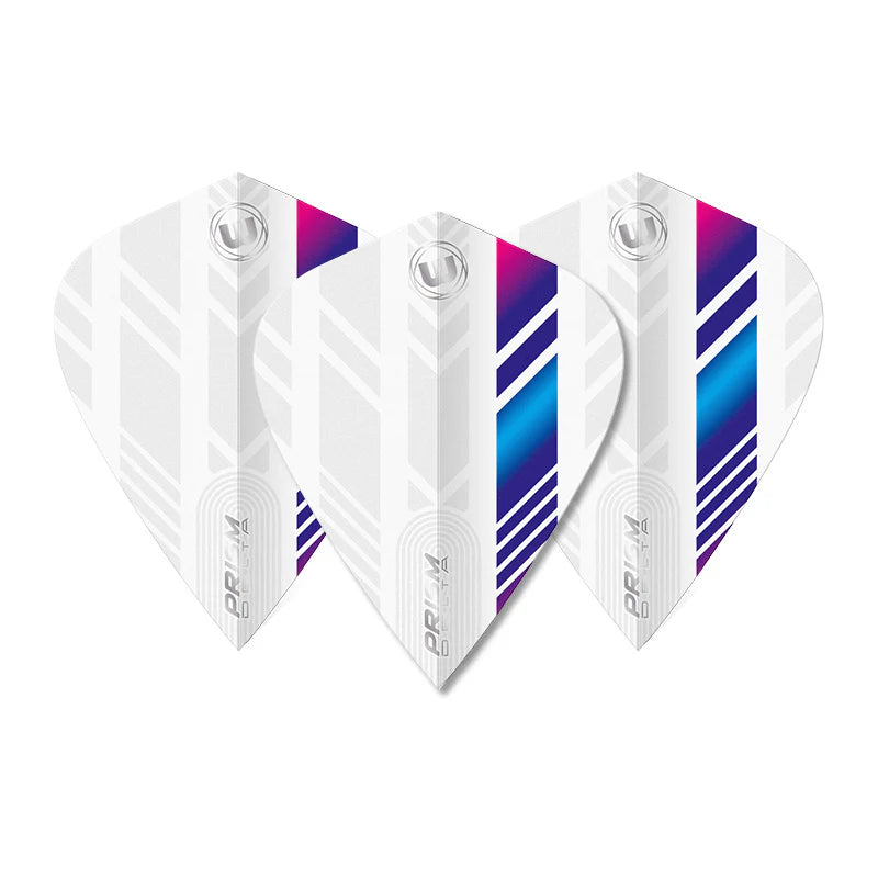 Three white, blue, and purple kite dart flights arranged top-down on white background showing full pattern and Prism Delta logo