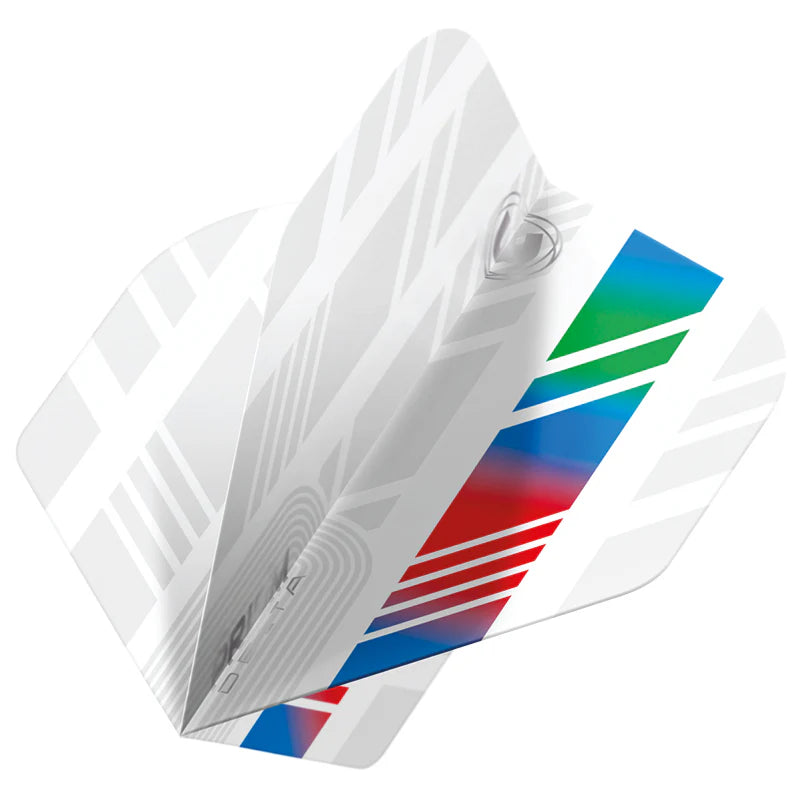 Angled close-up of Prism Delta No.2 dart flight with white base, red, blue, and green stripes, isolated for dart accessories shoppers