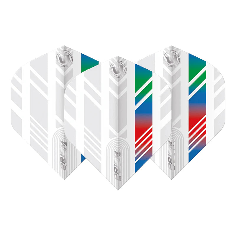 Set of three Prism Delta No.2 dart flights in white with blue, red, and green geometric stripes, front view on white background