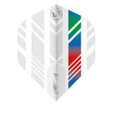 No.2 dart flight full view on white background with prism delta white, blue, red, green pattern and textured detailing