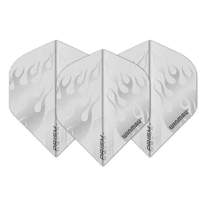 Three white No.2 Prism Delta dart flights displayed side by side, showing flame pattern and 100 micron thickness, isolated on white.