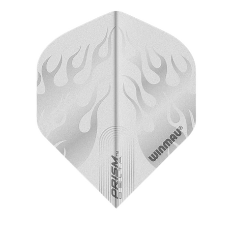 Single Winmau Prism Delta White No.2 dart flight in close-up, full view with flame graphic and 100 micron thickness detail