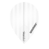 Pear-shaped dart flight in white with chevron texture, isolated on white background, highlights Prism Delta flight design for darts