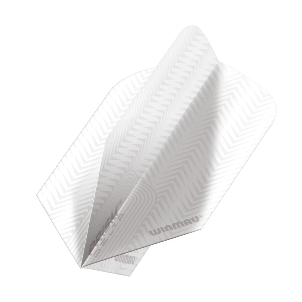 Close-up angled view of slim white dart flight with clear chevron pattern, isolated on white background for dart equipment buyers