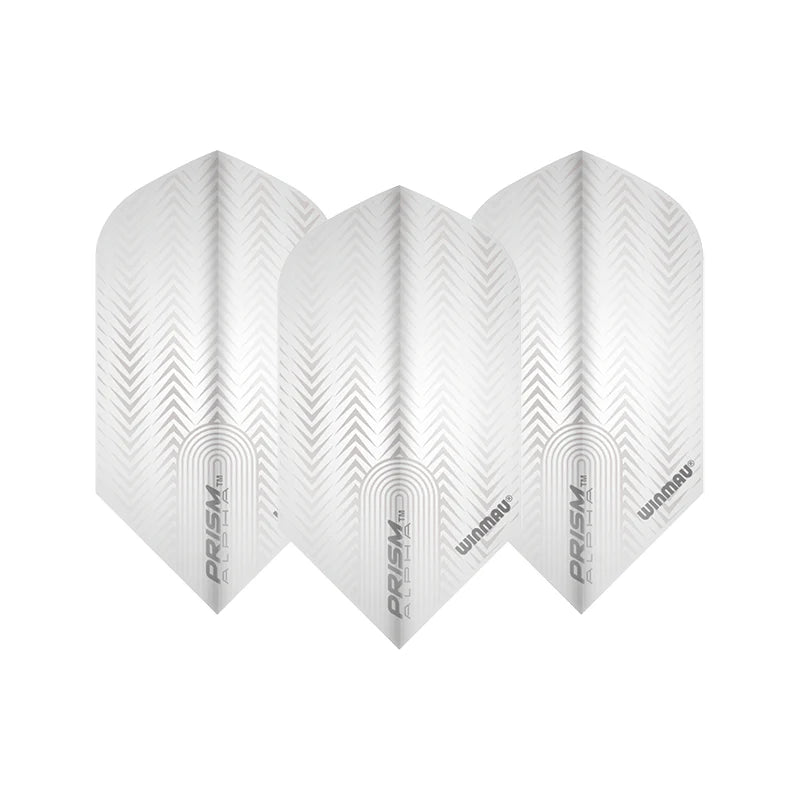 Three slim white dart flights with chevron texture, arranged side by side on white background, 100 micron Prism Delta style