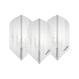 Three slim white dart flights with chevron texture, arranged side by side on white background, 100 micron Prism Delta style