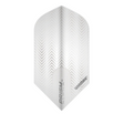 Close-up full view of slim white dart flight with chevron pattern texture and Prism Delta branding for dart setup