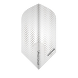 Close-up full view of slim white dart flight with chevron pattern texture and Prism Delta branding for dart setup