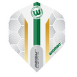 Single Winmau Prism Delta Xenon No.2 dart flight, full view, isolated on white, 100 micron design, green and gold pattern