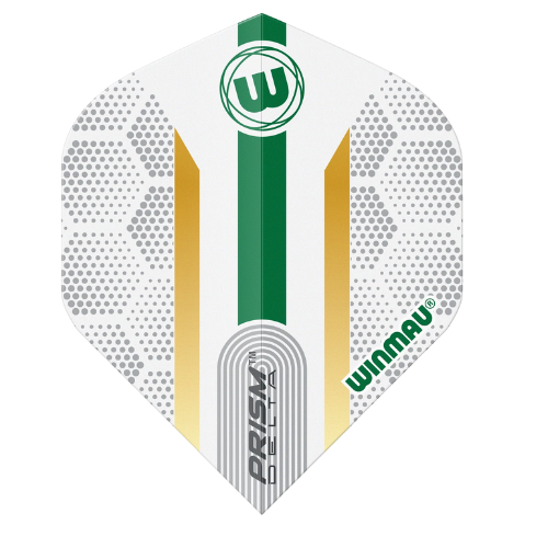 Single Winmau Prism Delta Xenon No.2 dart flight, full view, isolated on white, 100 micron design, green and gold pattern