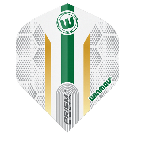 Single Winmau Prism Delta Xenon No.2 dart flight, full view, isolated on white, 100 micron design, green and gold pattern