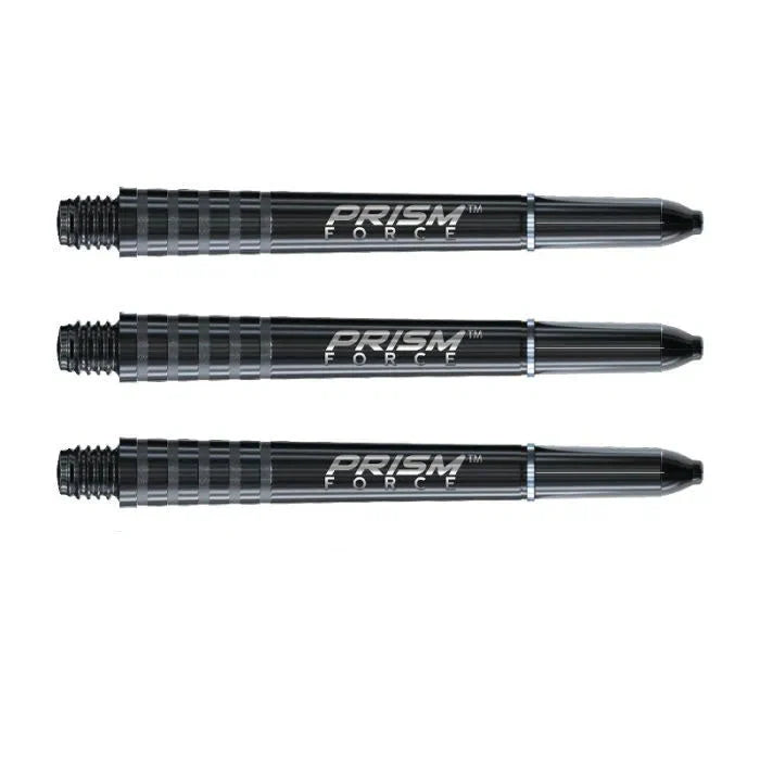 Three black Prism Force polycarbonate dart shafts arranged horizontally on white background showing grip grooves and threaded ends