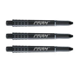 Three black Prism Force polycarbonate dart shafts arranged horizontally on white background showing grip grooves and threaded ends