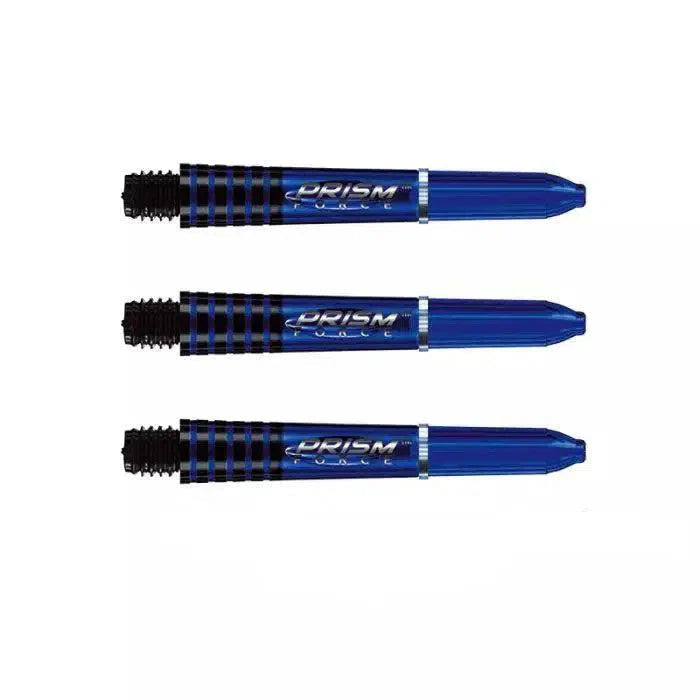 Three blue translucent dart shafts with grip zone and threaded tips displayed on white background for dart equipment buyers