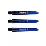 Three blue translucent dart shafts with grip zone and threaded tips displayed on white background for dart equipment buyers
