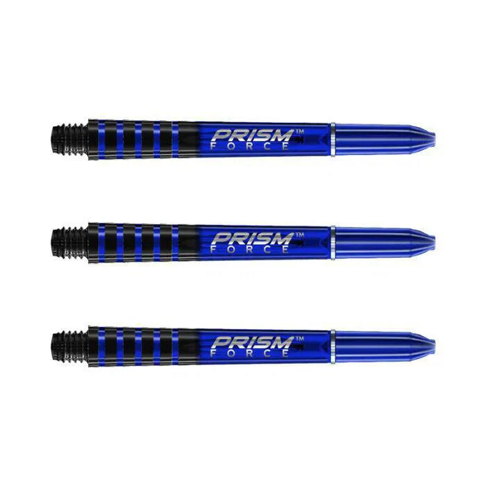 Three blue Prism Force dart shafts side-by-side on white background, highlighting grip zone and translucent polycarbonate design