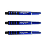 Three blue Prism Force dart shafts side-by-side on white background, highlighting grip zone and translucent polycarbonate design