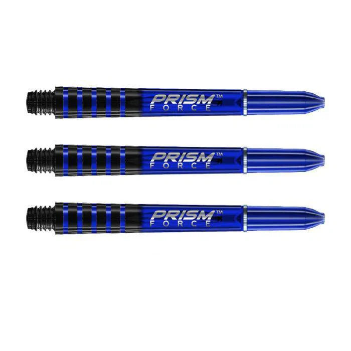 Three blue Prism Force dart shafts with black grip zones, polycarbonate construction, full product view on white background