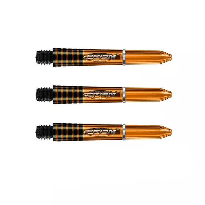 Three translucent orange dart shafts with black grip zones, full product view on white background, highlighting grip texture and slim profile