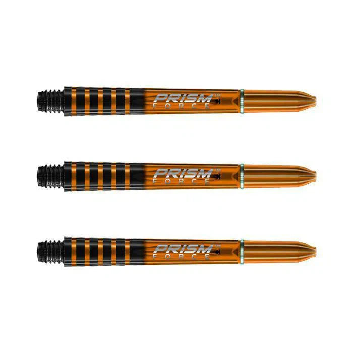 Three translucent orange polycarbonate dart shafts with black grip zone, side view, arranged on white background for darts accessories buyers