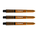 Three orange translucent dart shafts with black grip rings and Prism Force logo, full side view on white background