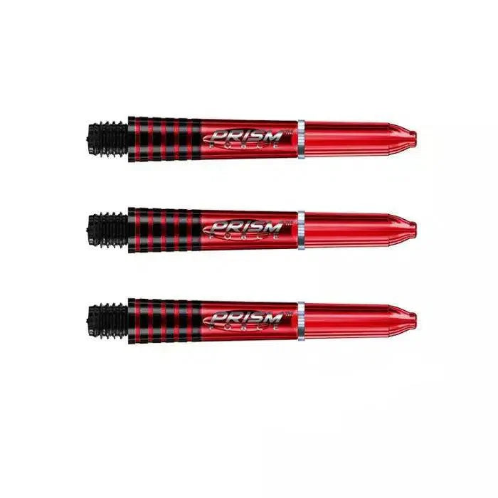 Three red translucent dart shafts with black grip zones and Prism Force logo, full view on white background.