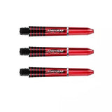 Three red translucent dart shafts with black grip zones and Prism Force logo, full view on white background.