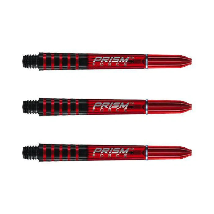 Three red translucent dart shafts with grip zones displayed side by side on white background, polycarbonate dart accessories.