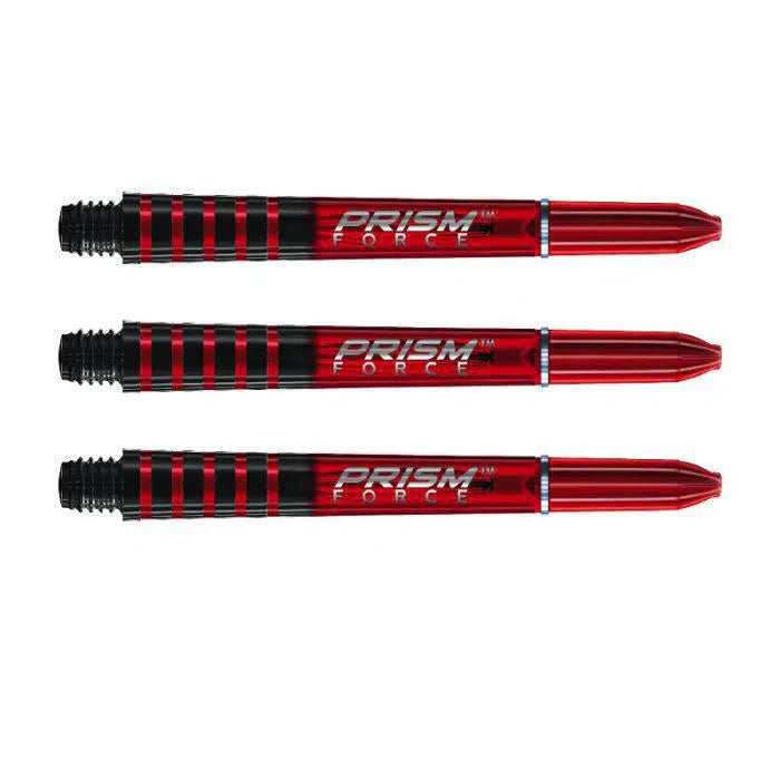 Three red Prism Force dart shafts displayed side by side on white background showing grip stripes and translucent polycarbonate body