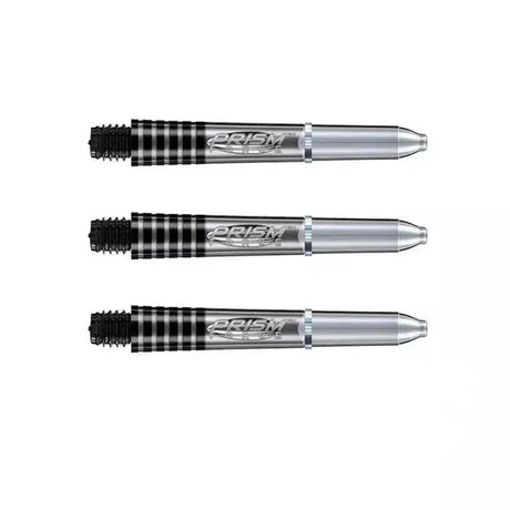 Three Prism Force dart shafts aligned side by side on white background, showcasing grip rings and translucent polycarbonate design