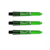 Three translucent green polycarbonate dart shafts with black grip rings and ribbed grip zone, isolated on white background