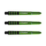 Set of three green translucent dart shafts with black grip rings, full product view on white, highlighting textured control zone.
