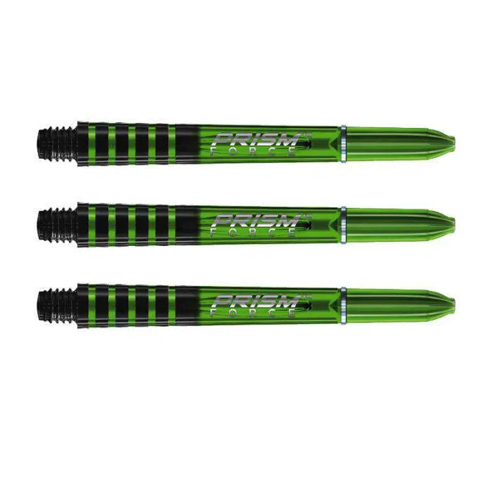 Three green Prism Force dart shafts aligned side by side on white background, displaying grip rings and translucent polycarbonate design