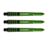 Three green Prism Force dart shafts aligned side by side on white background, displaying grip rings and translucent polycarbonate design