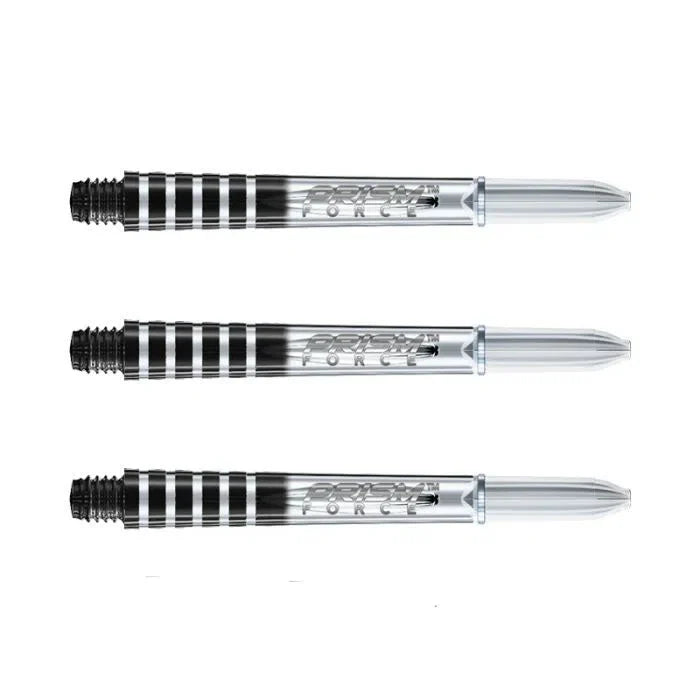 Three translucent dart shafts with black grip rings side by side, full product view on white background for dart accessories