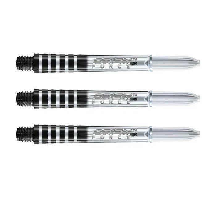 Three clear polycarbonate dart shafts with black grip rings, side view, isolated on white background for darts setup